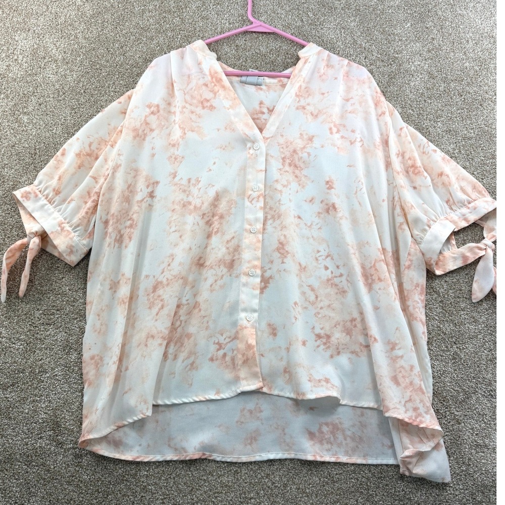 Ava & Viv Womens 2X Peach White Tie Dye Tie Sleeve Blouse Top Pastel Beachy Plus